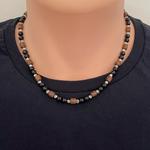 Black Onyx, Wood, and Silver Mens Beaded Necklace