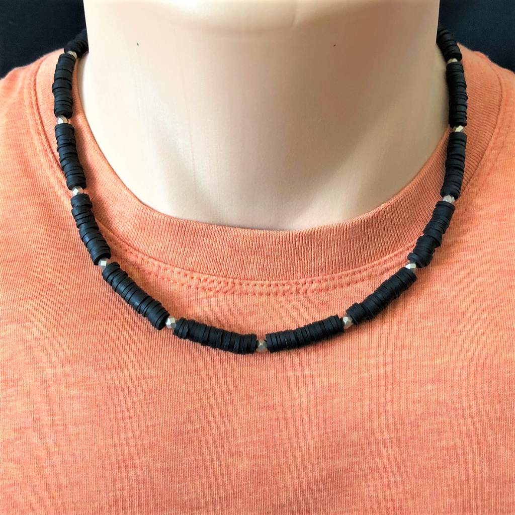 Mens Black Polymer Beaded Necklace-Beaded Necklaces,Black,mens,Necklaces