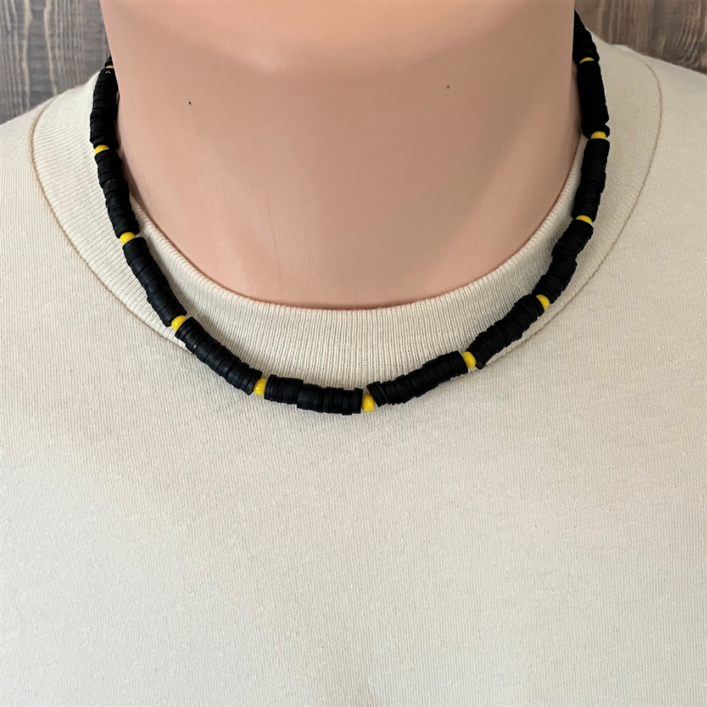 Mens Black Polymer and Yellow Toho Beaded Necklace