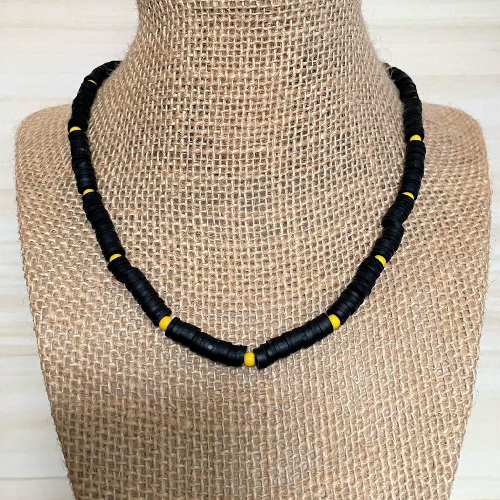 Mens Black Polymer and Yellow Toho Beaded Necklace