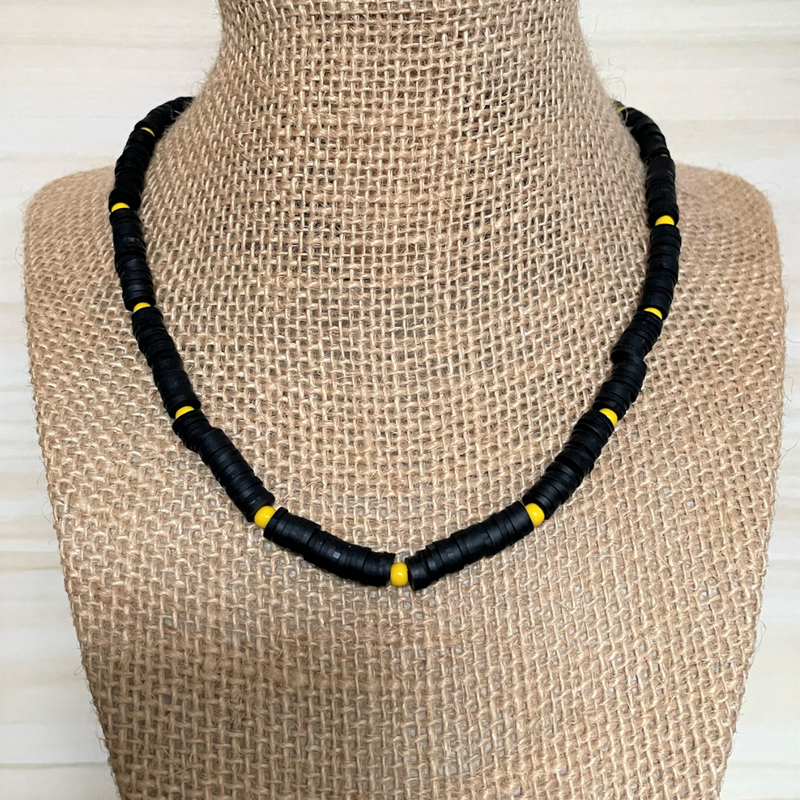 Mens Black Polymer and Yellow Toho Beaded Necklace 16"