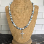 Blue and White Agate Mens Beaded Necklace with Silver Cross