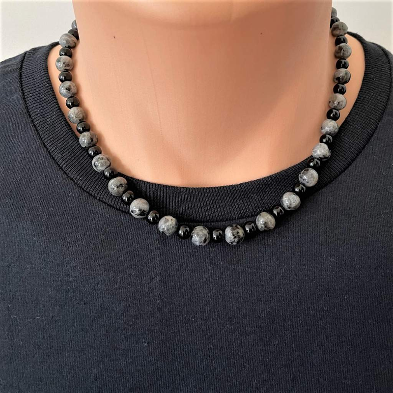 Mens Blue Pearl and Black Onyx Beaded Necklace-Beaded Necklaces,Black,Gray,mens,Necklaces