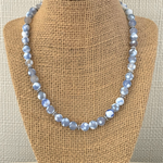 Mens Blue and White Matte Agate and Silver Beaded Necklace
