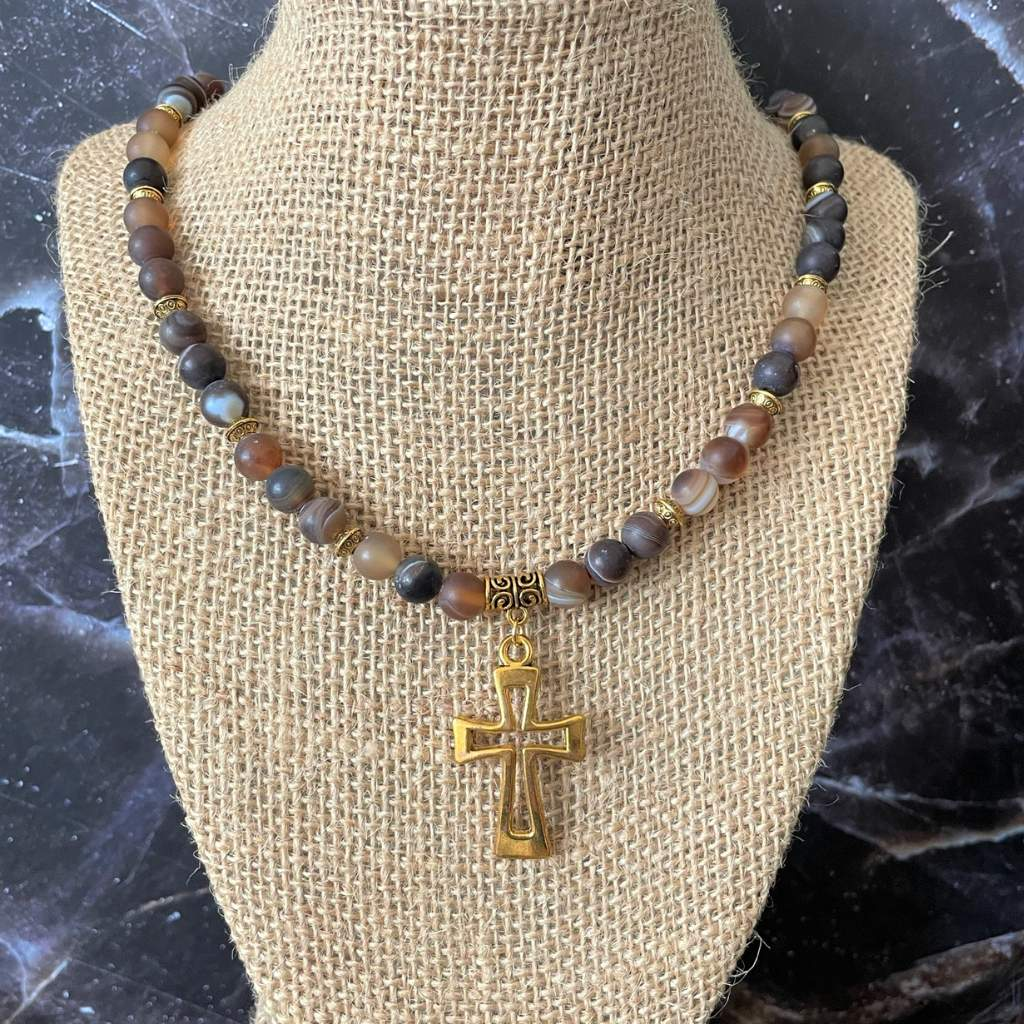 Mens Matte Brown Agate Beaded Necklace with Gold Cross-Agate,Beaded Necklaces,Brown,Cross,mens,Necklaces,Religious,Saint