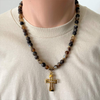 Mens Matte Brown Agate Beaded Necklace with Gold Cross-Agate,Beaded Necklaces,Brown,Cross,mens,Necklaces,Religious,Saint