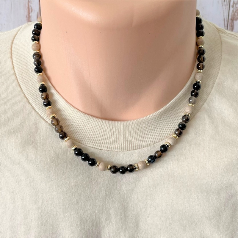 Mens Dark Brown and Beige Agate Beaded Necklace