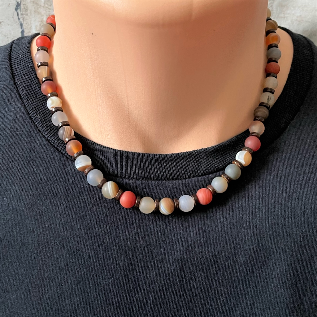 Mens Matte Carnelian, Agate, and Wood Beaded Necklace