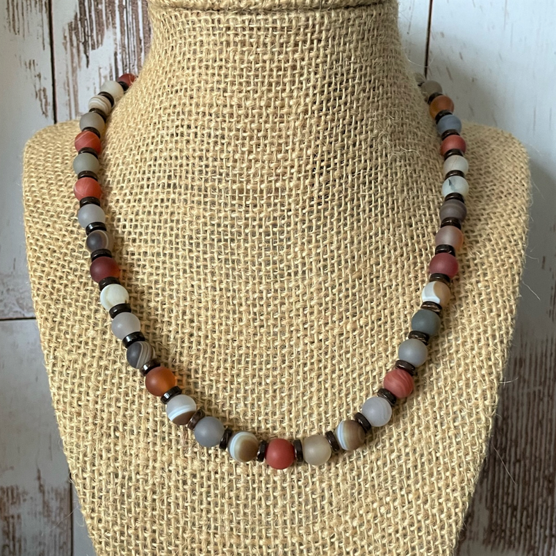 Mens Matte Carnelian, Agate, and Wood Beaded Necklace