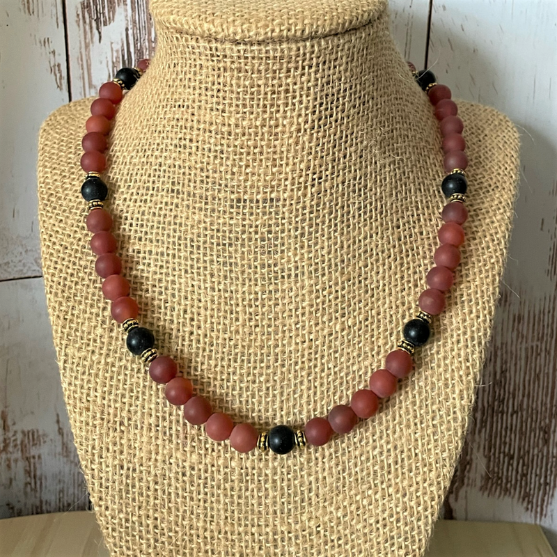 Mens Matte Carnelian and Matte Black Onyx Beaded Necklace