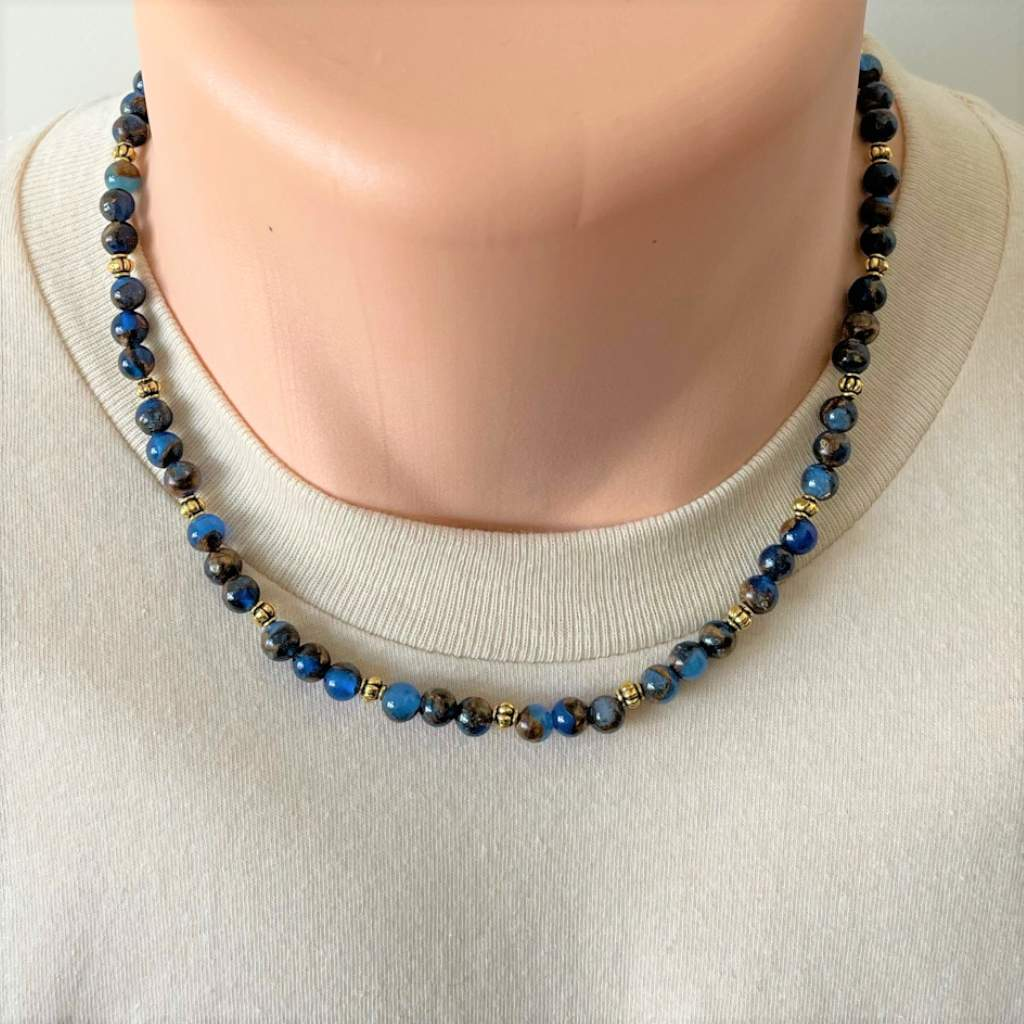 Mens Cobalt Opal With Bronzite Marbled Quartz and Gold Beaded Necklace-Beaded Necklaces,Blue,mens