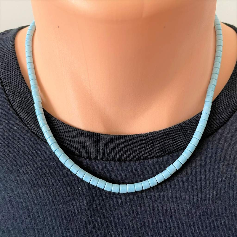 Mens Denim Blue Agate Beaded Necklace-Agate,Beaded Necklaces,Blue,mens,Necklaces