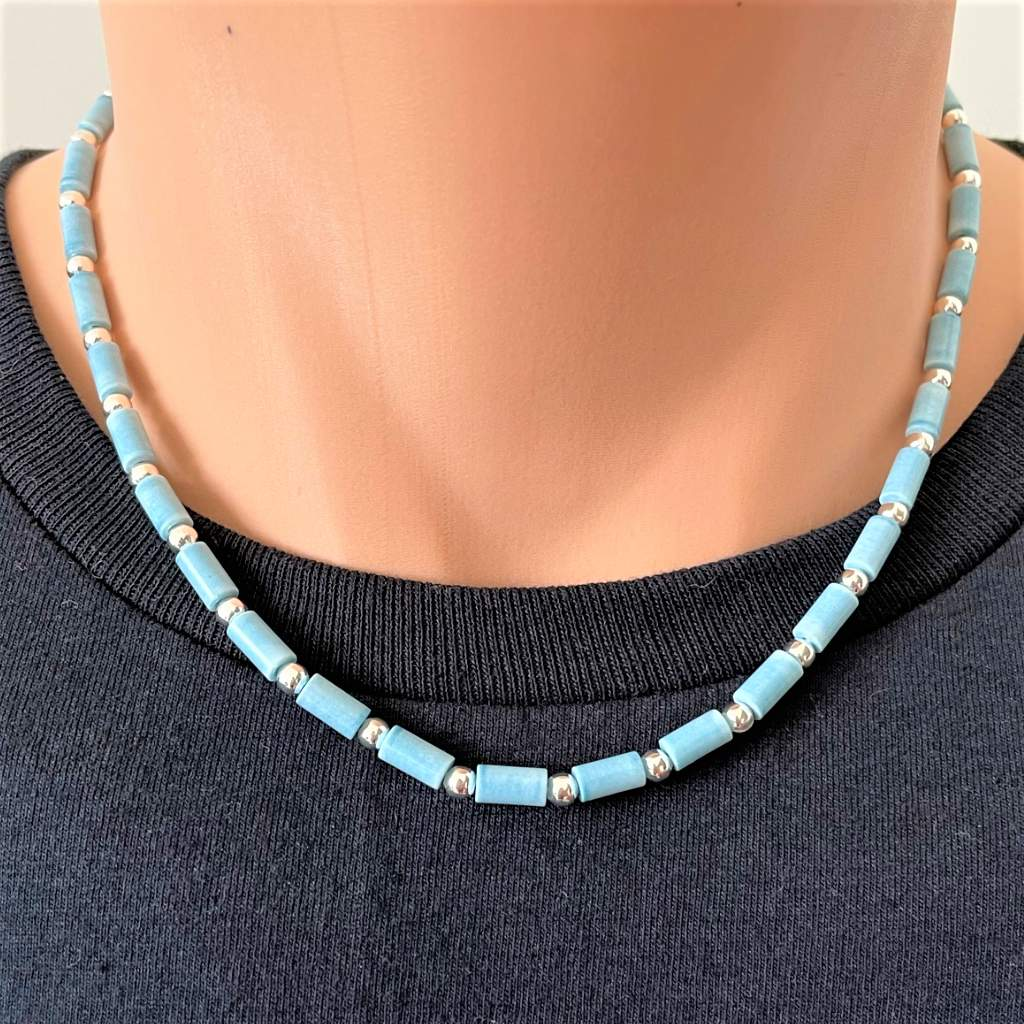 Mens Denim Blue Agate and Silver Beaded Necklace-Agate,Blue,mens,Necklaces,Silver