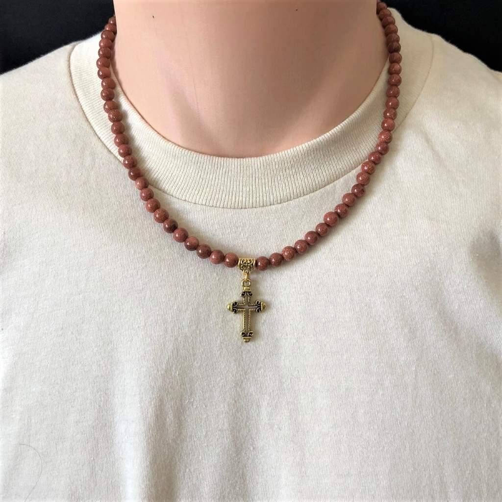 Mens Goldstone Beaded Necklace with Gold Cross-Beaded Necklaces,Brown,Cross,mens