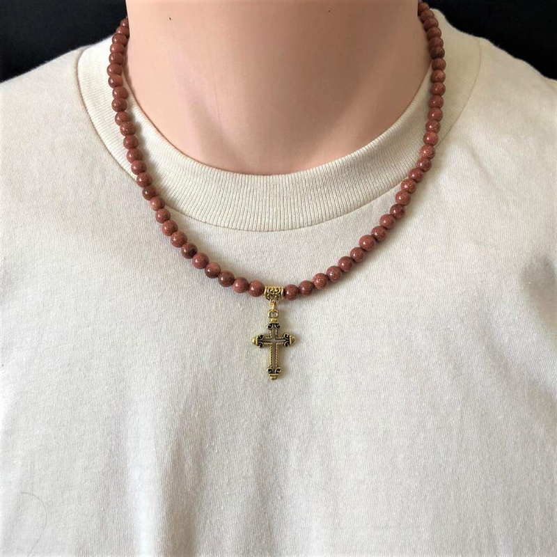 Mens Goldstone Beaded Necklace with Gold Cross-Beaded Necklaces,Brown,Cross,mens