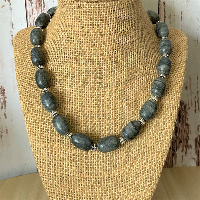 Gray Oval Marble Mens Beaded Necklace
