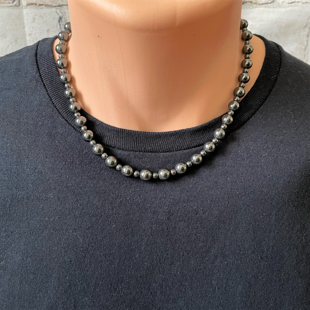 Mens Hematite 8mm and 4mm Beaded Necklace