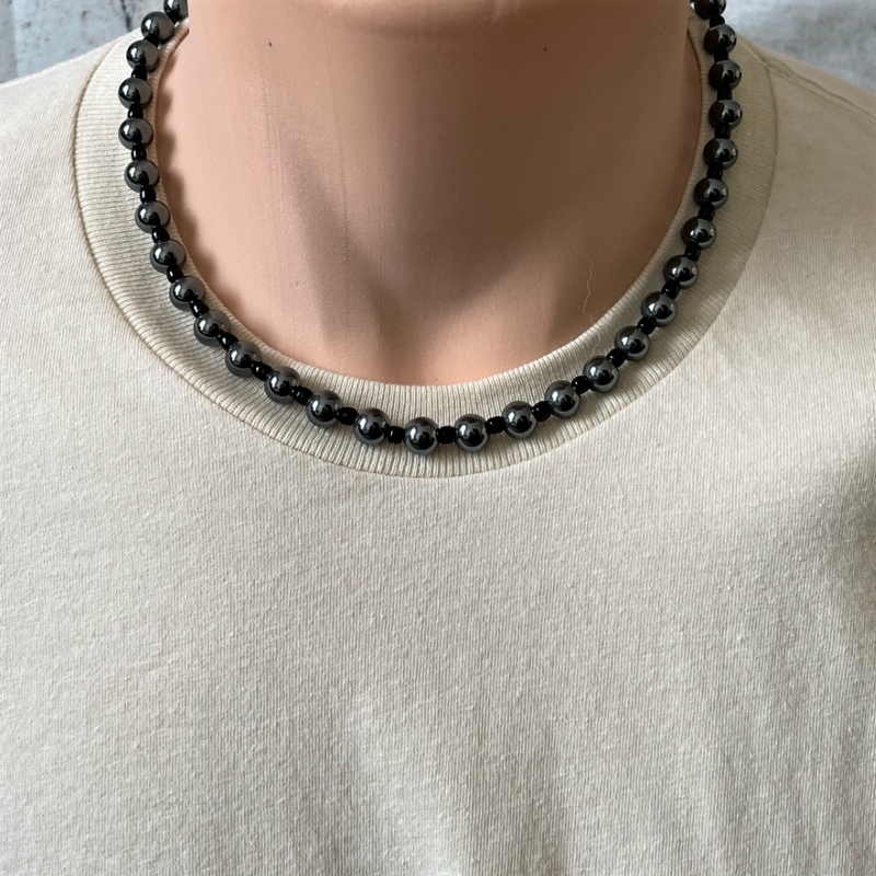 Hematite and Black Toho Mens Beaded Necklace