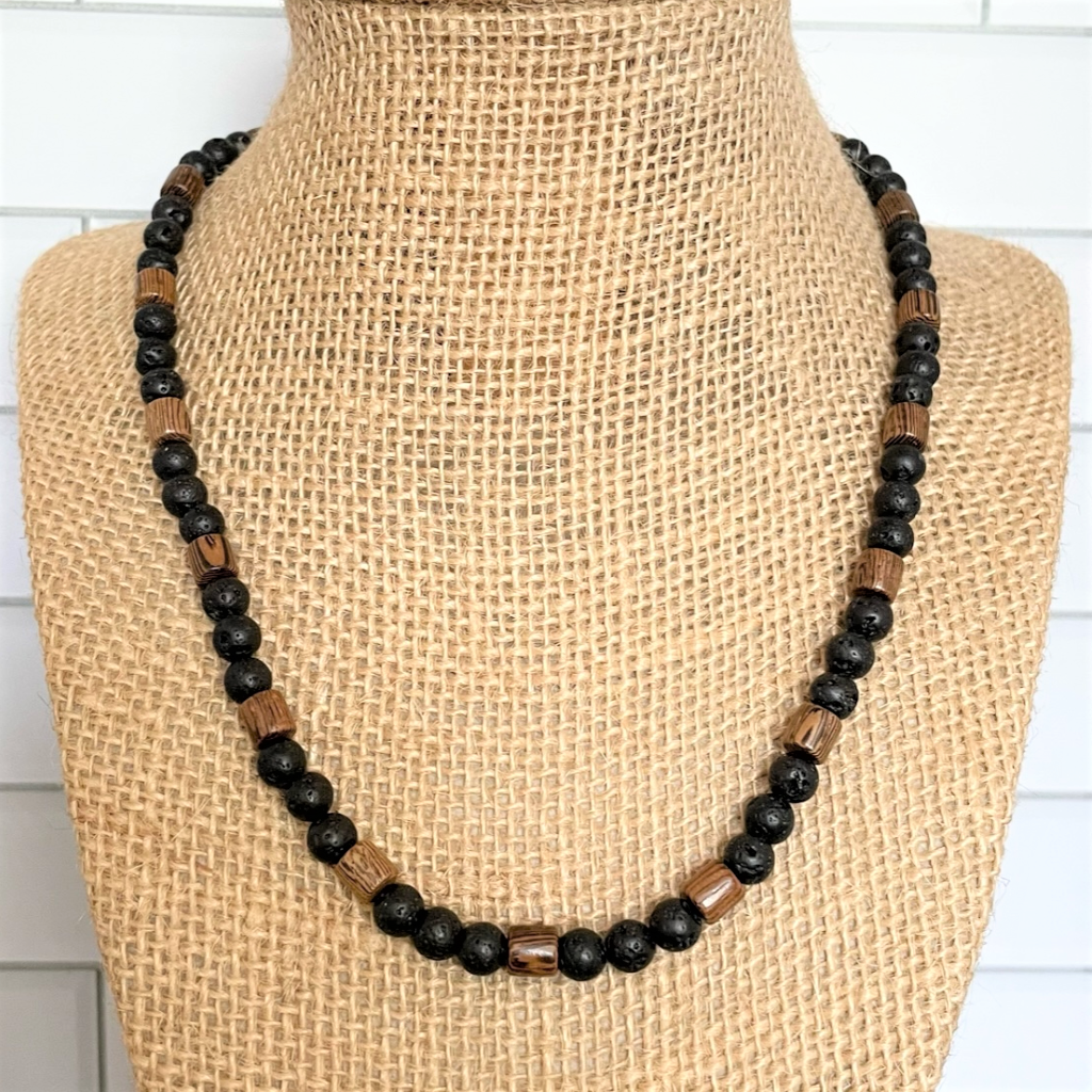 Black Lava and Wood Barrel Mens Beaded Necklace