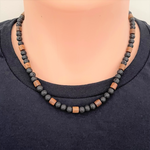 Black Lava and Wood Barrel Mens Beaded Necklace