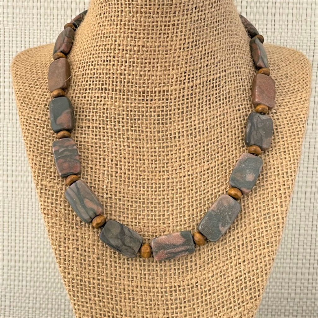 Mens Brown and Black Rectangle Marble Beaded Necklace