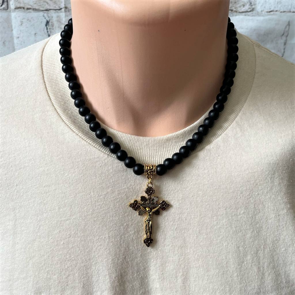 Matte Black Onyx and Gold Large Cross with Jesus Mens Beaded Necklace