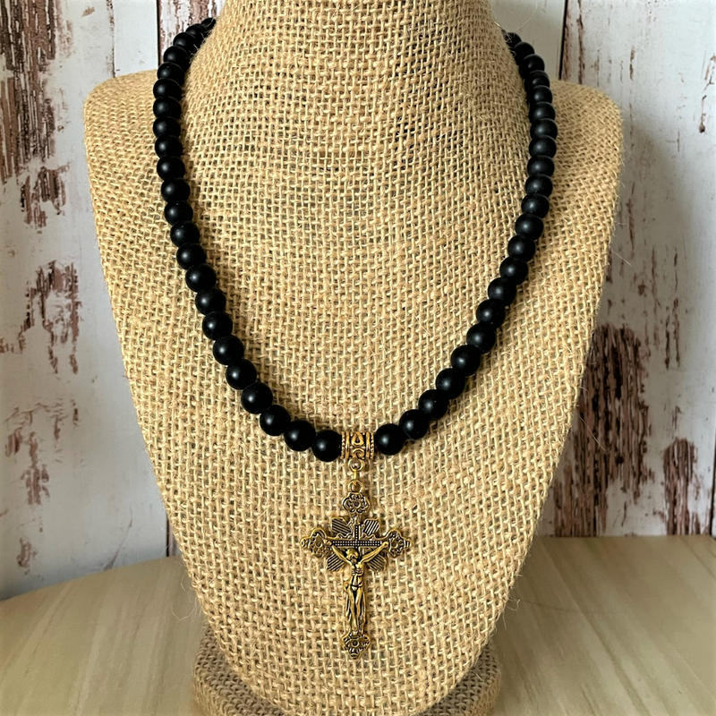 Matte Black Onyx and Gold Large Cross with Jesus Mens Beaded Necklace 24", 26" 8mm