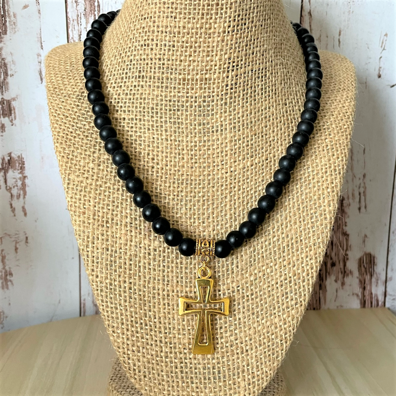 Matte Black Onyx and Gold Cut Out Cross Mens Beaded Necklace