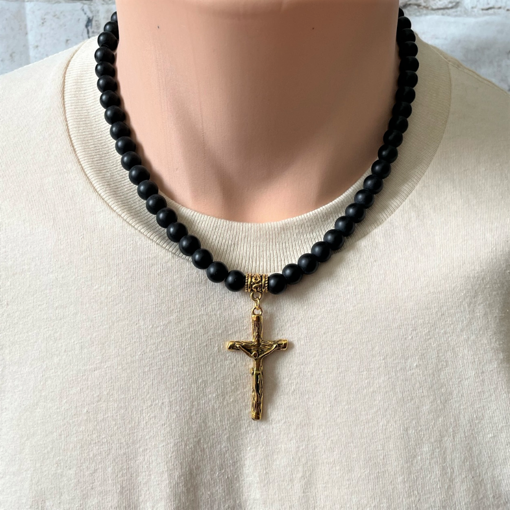 Matte Black Onyx and Gold Cross with Jesus Mens Beaded Necklace