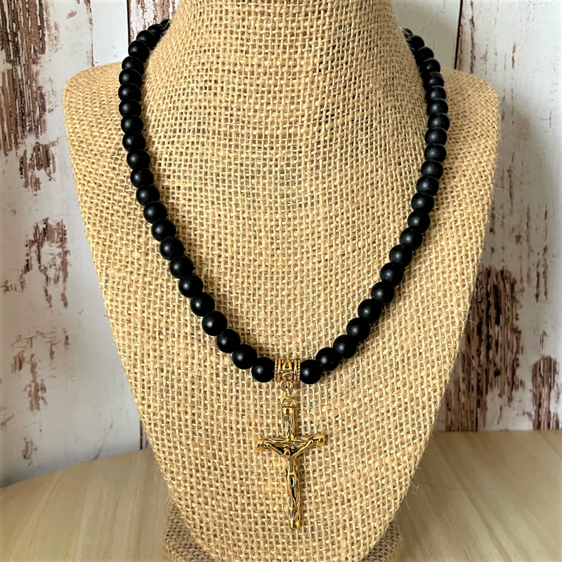 Matte Black Onyx and Gold Cross with Jesus Mens Beaded Necklace 8mm 24", 26"