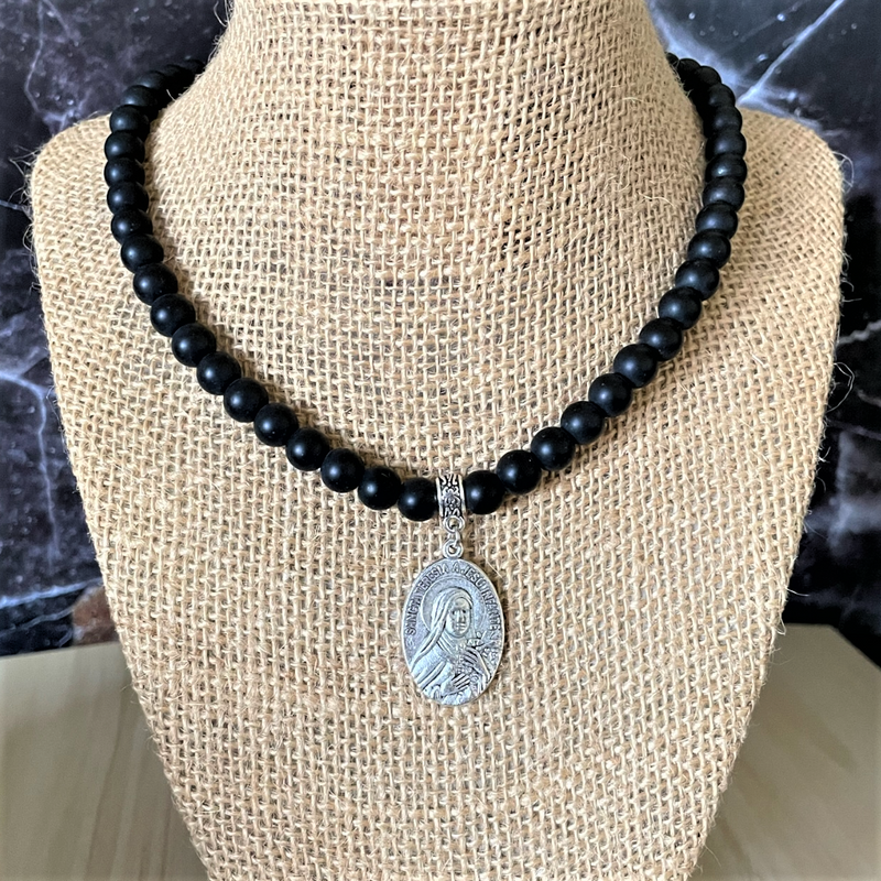 Mens St. Teresa Matte Black Onyx Beaded Necklace 22", 24"