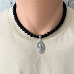 Mens St. Teresa Matte Black Onyx Beaded Necklace
