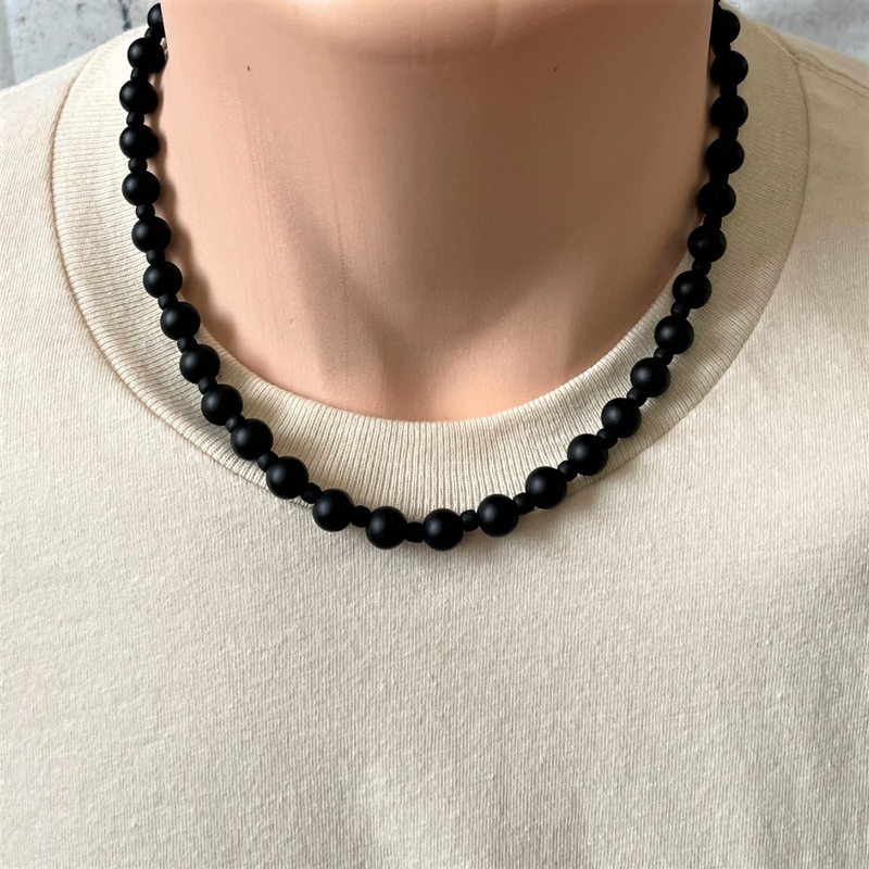 Mens Matte Black Onyx and Matte Toho Beaded Necklace 22", 24"