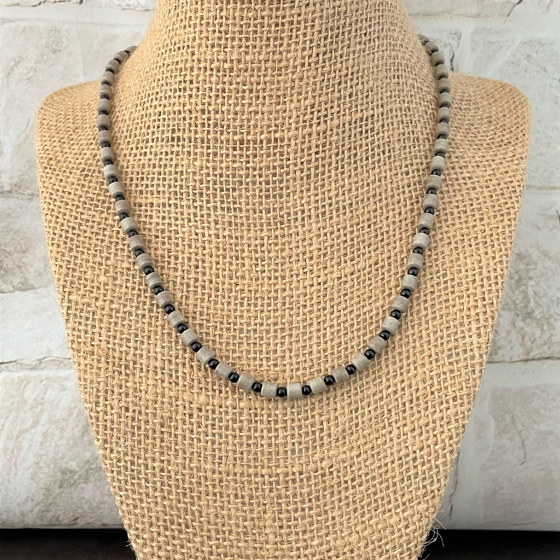 Mens Mushroom Agate Tube and Black Onyx Beaded Necklace, Beige