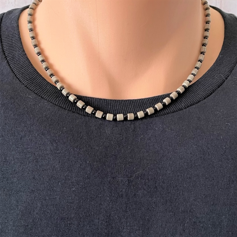Mens Mushroom Agate Tube and Black Onyx Beaded Necklace