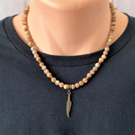 Picture Jasper Matte Brown Mens Beaded Necklace with Brass Feather