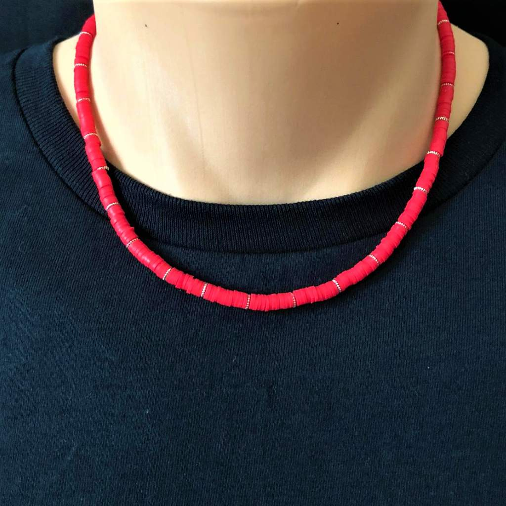 Mens Red Polymer Short Necklace-Beaded Necklaces,mens,Red