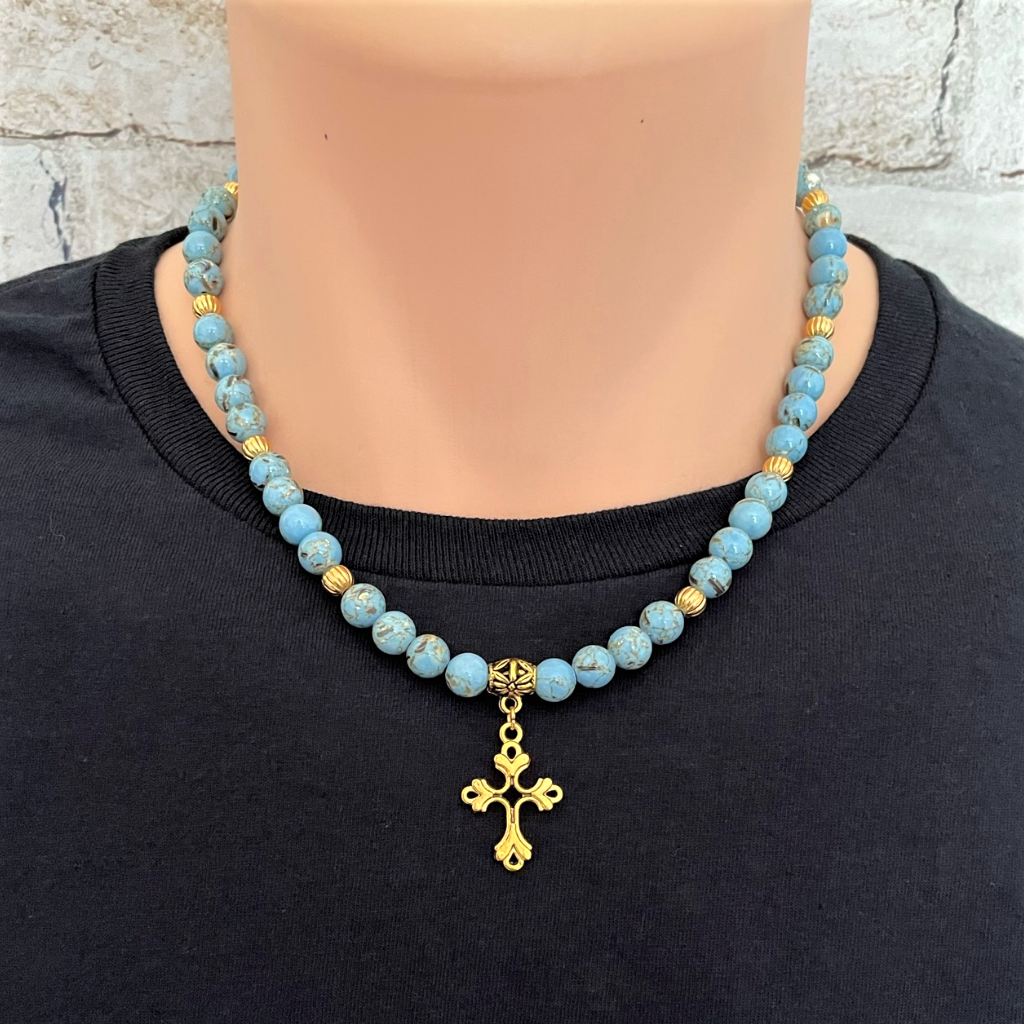 Mens Sky Blue Mosaic and Gold Cross Necklace