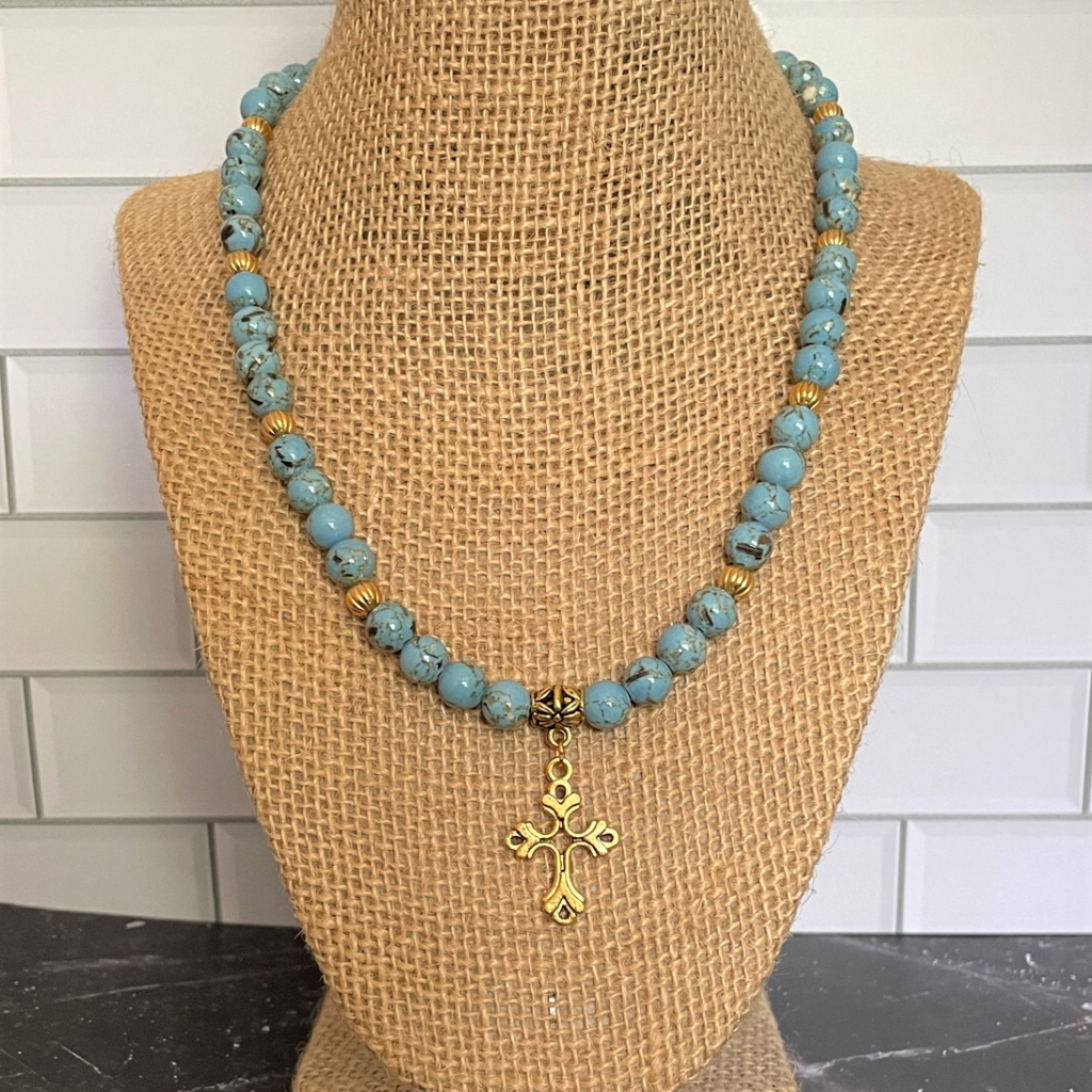 Mens Sky Blue Mosaic and Gold Cross Necklace