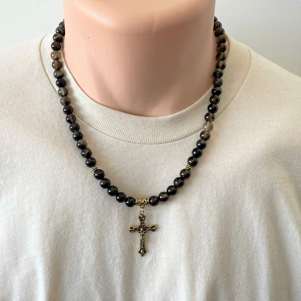 Mens Brown Smoky Agate Mens Necklace and Gold Cross-Agate,Beaded Necklaces,Brown,Cross,Gold,mens,Necklaces,Religious,Saint