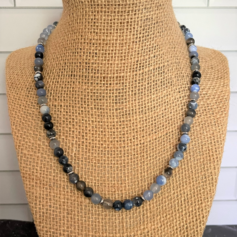 Mens Storm Line Blue Agate Beaded Necklace