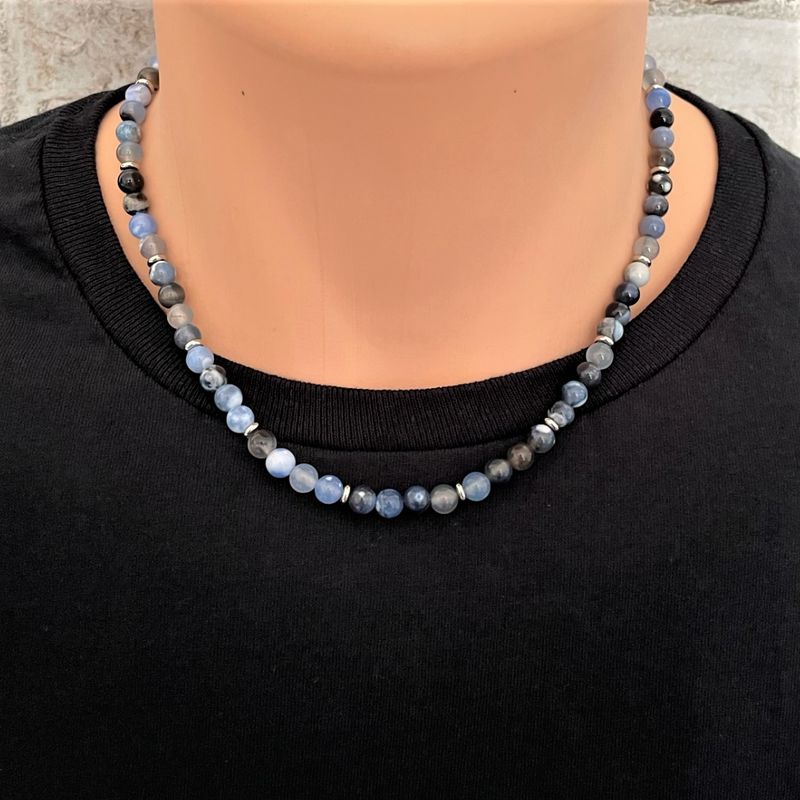 Mens Storm Line Blue Agate Beaded Necklace