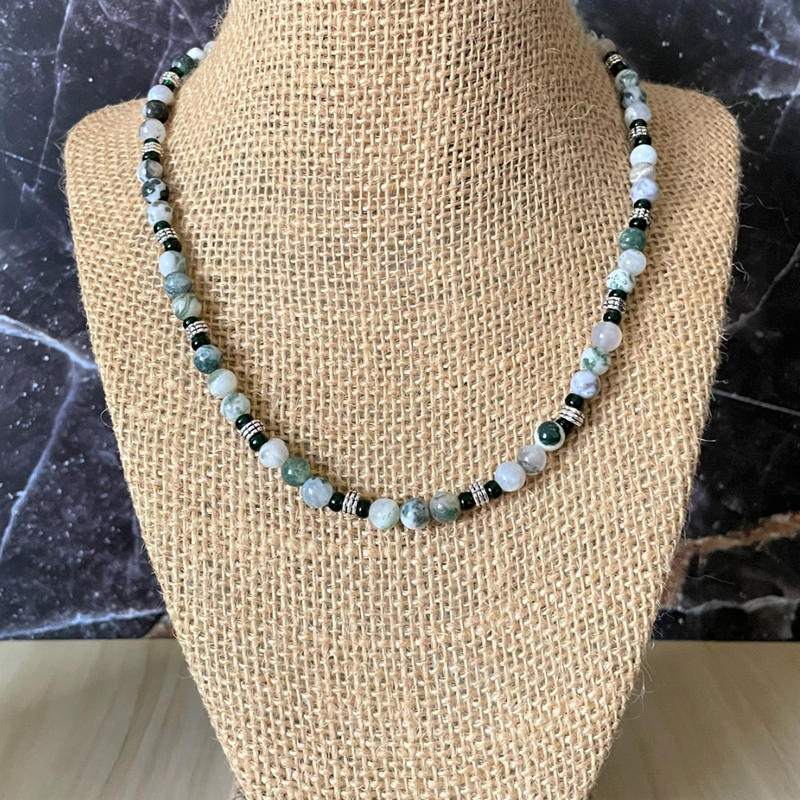 Mens Tree Agate Beaded Necklace