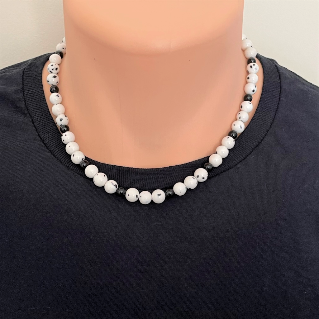 Mens White Dalmation Agate and Black Onyx Beaded Necklace