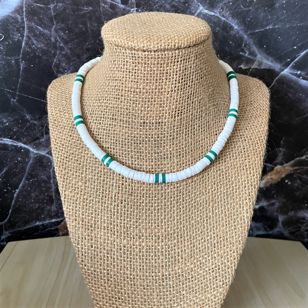 Mens White and Green Polymer Beaded Necklace