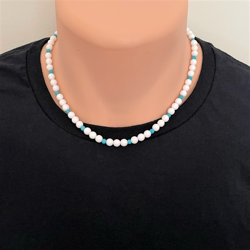 White Czech and Turquoise Mens Beaded Necklace