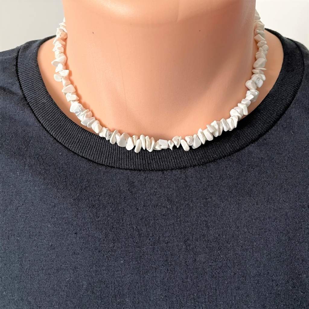 Mens White Howlite Chip Necklace-Beaded Necklaces,mens,Necklaces,White