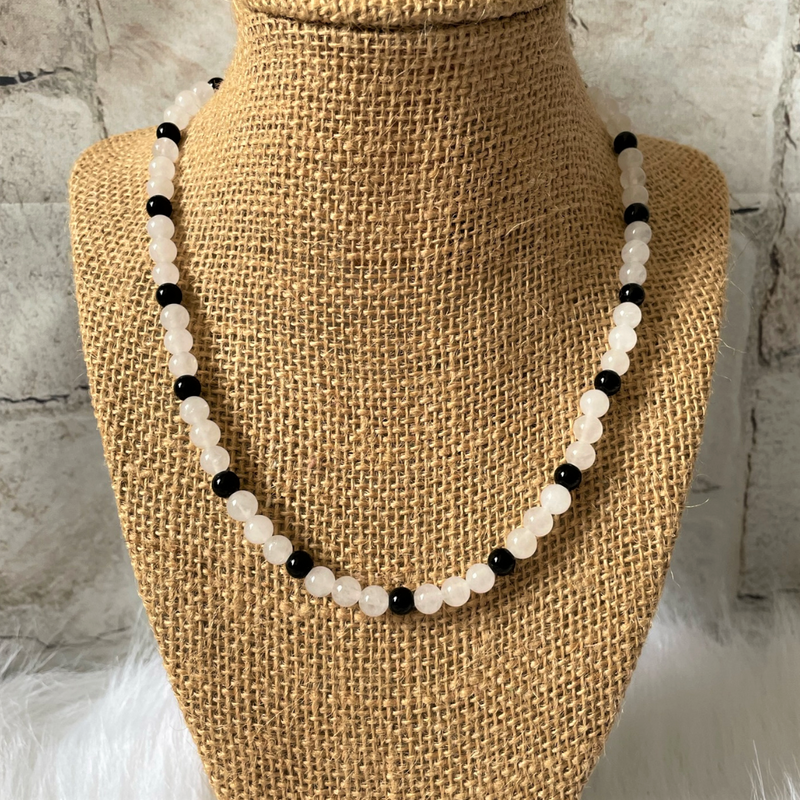 Mens White Jade and Black Onyx Beaded Necklace 20", 22"