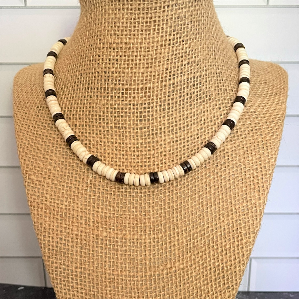 White Magnesite and Brown Wood Mens Necklace