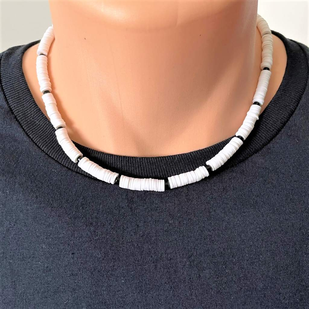 Mens White Polymer and Black Beaded Necklace-Beaded Necklaces,Black,mens,Necklaces,White
